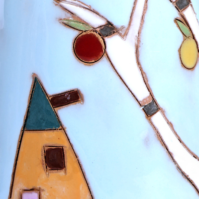 Glasierte Keramikvase - Glasierte Keramikvase mit Granatapfelbaummotiv in Himmelblau