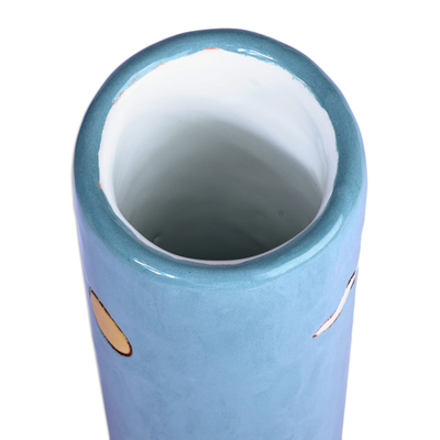 Glazed ceramic vase, 'Exquisite Homes' - Hand-Painted Glazed Ceramic Vase with House Motif in Grey