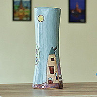 Glazed ceramic vase, 'Fabulous Homes' - Hand-Painted Glazed Ceramic Vase with House and Tree Motif