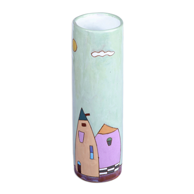 Glazed ceramic vase, 'Delightful Homes' - Hand-Painted Glazed Ceramic Vase with House Motif in Green