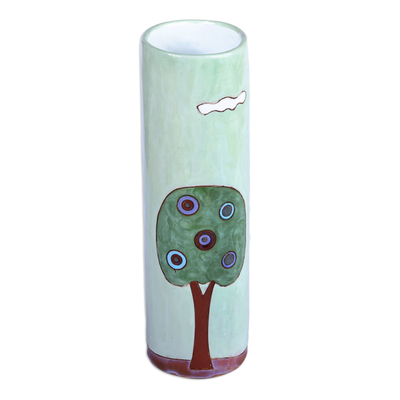 Glasierte Keramikvase - Handbemalte glasierte Keramikvase mit Hausmotiv in Grün