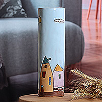 Glazed ceramic vase, 'Serene Homes' - Hand-Painted Glazed Ceramic Vase with House Motif in Blue