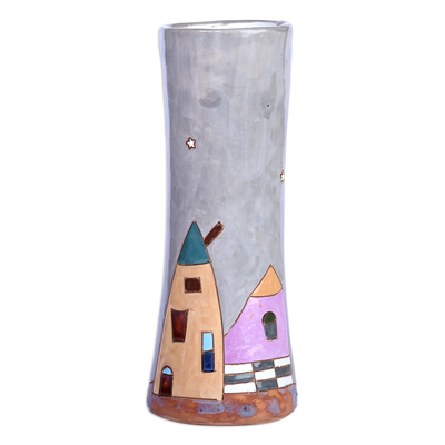 Glazed ceramic vase, 'Beautiful Homes' - Hand-Painted Dark Grey Glazed Ceramic Vase with House Motif