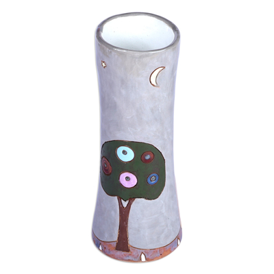 Glazed ceramic vase, 'Beautiful Homes' - Hand-Painted Dark Grey Glazed Ceramic Vase with House Motif