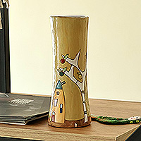 Glazed ceramic vase, 'Pomegranate Tree' - Hand-Painted Glazed Ceramic Vase with Pomegranate Tree Motif