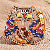 Ceramic magnet, 'Feline Emblem' - Traditional Cat and Music-Themed Ceramic Magnet from Armenia