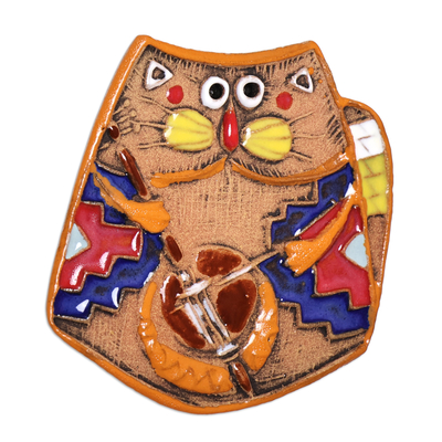 Ceramic magnet, 'Feline Emblem' - Traditional Cat and Music-Themed Ceramic Magnet from Armenia