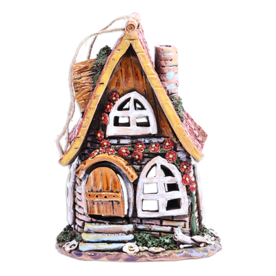 Ceramic tealight holder, 'Warm Home' - House-Themed Brown Painted Ceramic Tealight Holder