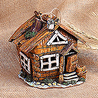 Portavelas de cerámica, 'Homey Cottage' - Portavelas de cerámica con temática de cabaña caprichosa pintada