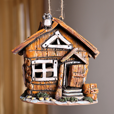 Ceramic tealight holder, 'Homey Cottage' - Painted Whimsical Cottage-Themed Ceramic Tealight Holder