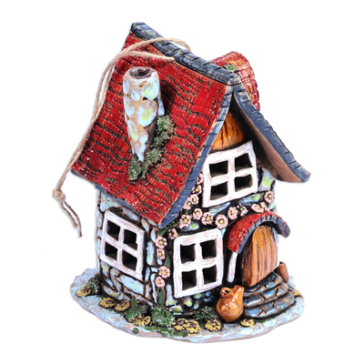 Ceramic tealight holder, 'Dreamy Home' - House-Themed Handcrafted Painted Ceramic Tealight Holder