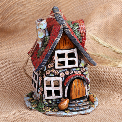 Ceramic tealight holder, 'Dreamy Home' - House-Themed Handcrafted Painted Ceramic Tealight Holder