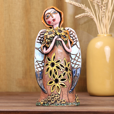Ceramic sculpture, 'Angelic Spring' - Handcrafted Whimsical Floral Angel Ceramic Sculpture