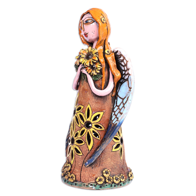 Ceramic sculpture, 'Angelic Spring' - Handcrafted Whimsical Floral Angel Ceramic Sculpture