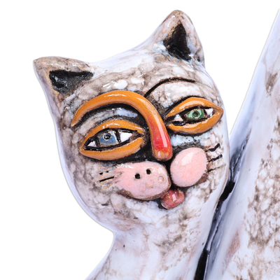 Ceramic sculpture, 'My Feline Heroine' - Cat-Themed Painted Ceramic Sculpture Crafted in Armenia