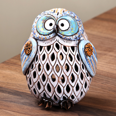 Ceramic tealight holder, 'Light Owl' - Handcrafted Painted Blue Owl-Shaped Ceramic Tealight Holder