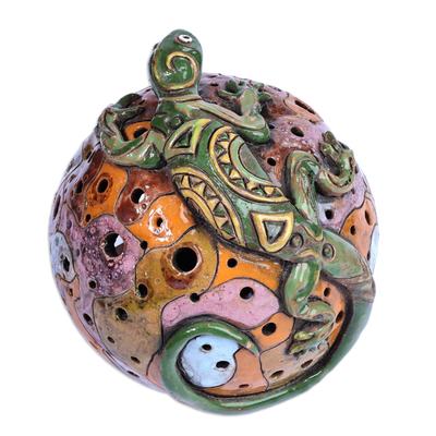 Portavelas de cerámica - Portavelas de cerámica con temática de lagarto pintado a mano