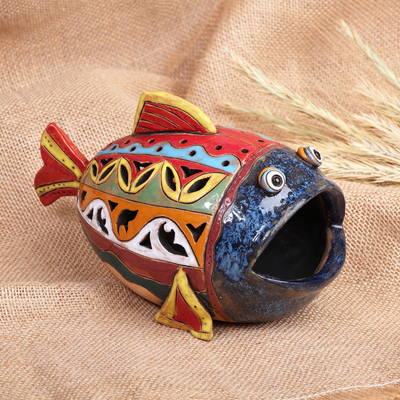 Teelichthalter aus Keramik - Handgefertigter mehrfarbiger Teelichthalter aus Keramik in Fischform
