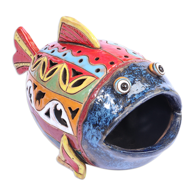 Portavelas de cerámica - Portavelas de cerámica artesanal con forma de pez multicolor