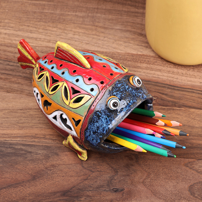 Portavelas de cerámica - Portavelas de cerámica artesanal con forma de pez multicolor