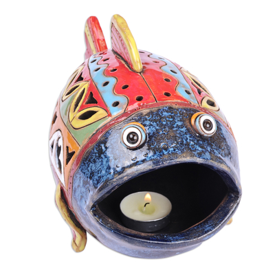 Teelichthalter aus Keramik - Handgefertigter mehrfarbiger Teelichthalter aus Keramik in Fischform