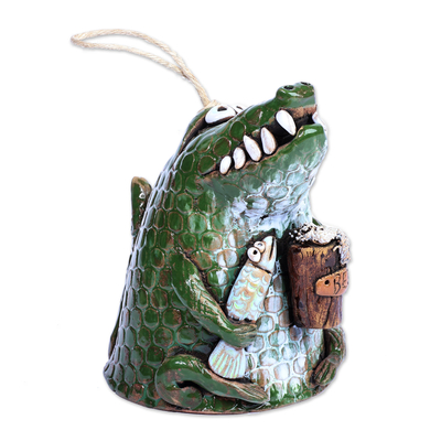 Ceramic bell ornament, 'Fishing Day' - Hand-Painted Green Crocodile Ceramic Bell Ornament