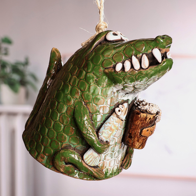Ceramic bell ornament, 'Fishing Day' - Hand-Painted Green Crocodile Ceramic Bell Ornament