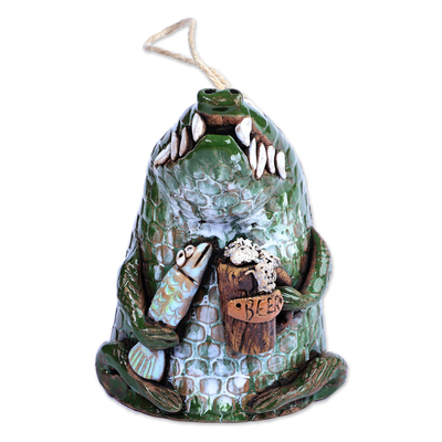 Adorno de campana de cerámica - Adorno de campana de cerámica de cocodrilo verde pintado a mano