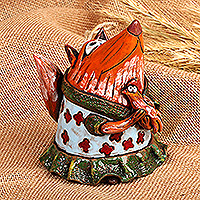 Ceramic bell ornament, 'Mother Fox' - Whimsical Handcrafted Painted Fox Ceramic Bell Ornament