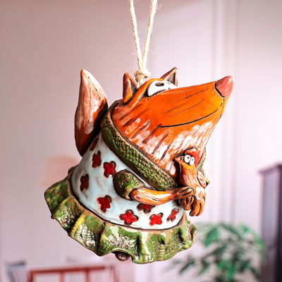 Glockenornament aus Keramik - Skurrile, handgefertigte bemalte Fuchs-Keramikglockenverzierung
