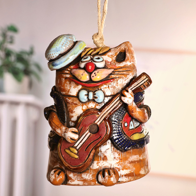 Adorno de campana de cerámica - Adorno de campana de cerámica de guitarrista felino caprichoso pintado
