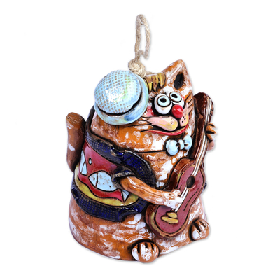 Glockenornament aus Keramik - Bemalte, skurrile Katzen-Gitarrist-Keramikglockenverzierung