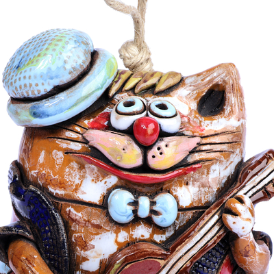 Ceramic bell ornament, 'Feline Serenade' - Painted Whimsical Feline Guitarist Ceramic Bell Ornament