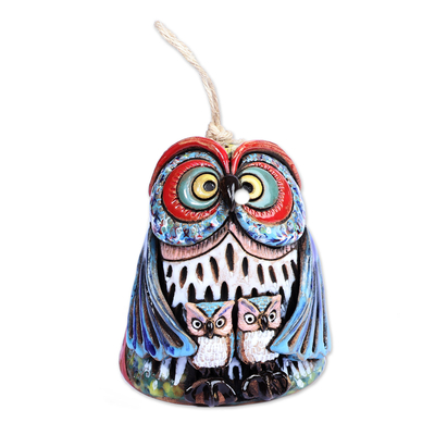 Ceramic bell ornament, 'Double Mother' - Handcrafted Painted Mother Owl Ceramic Bell Ornament