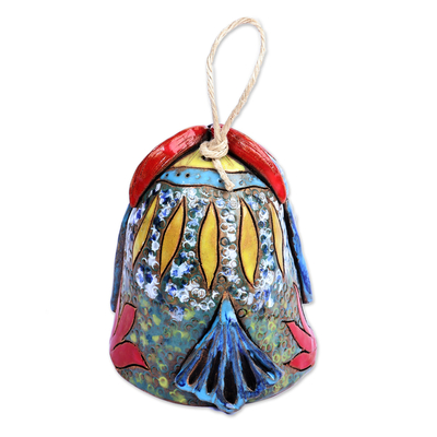 Glockenornament aus Keramik - Handgefertigtes, bemaltes Keramik-Glockenornament mit Eulenmutter