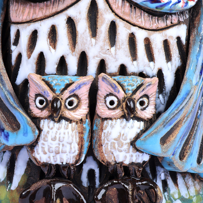 Ceramic bell ornament, 'Double Mother' - Handcrafted Painted Mother Owl Ceramic Bell Ornament