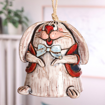Ceramic bell ornament, 'Lovely Hops' - Handcrafted Painted Bunny Ceramic Bell Ornament from Armenia