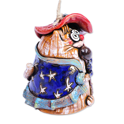 Ceramic bell ornament, 'Feline Soprano' - Hand-Painted Whimsical Feline Singer Ceramic Bell Ornament