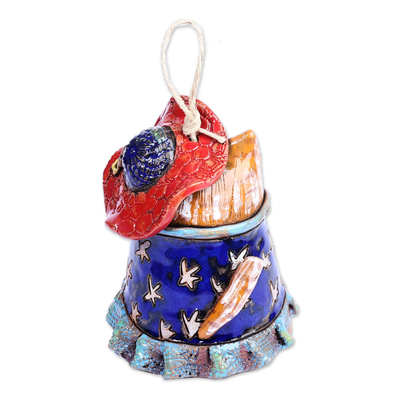 Ceramic bell ornament, 'Feline Soprano' - Hand-Painted Whimsical Feline Singer Ceramic Bell Ornament