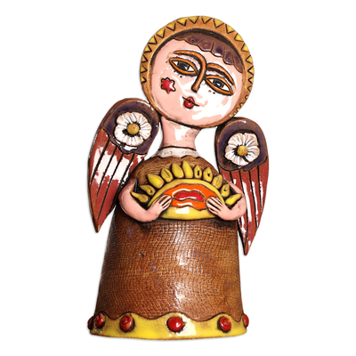 Escultura de cerámica - Escultura de cerámica pintada a mano con temática de ángel floral