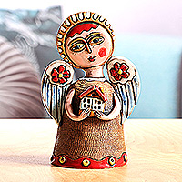 Ceramic sculpture, 'Blessed Home' - Angel-Themed Handcrafted Painted Ceramic Sculpture