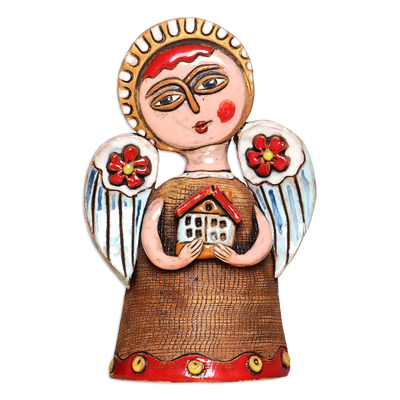 Ceramic sculpture, 'Blessed Home' - Angel-Themed Handcrafted Painted Ceramic Sculpture