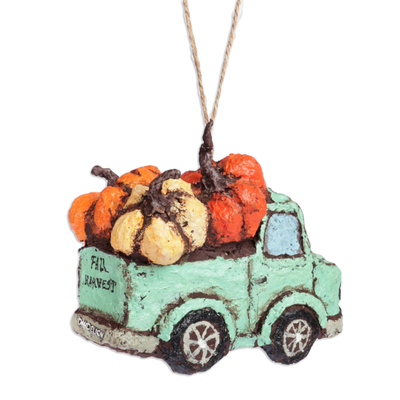 Papier mache ornament, 'Pumpkin Delivery' - Hand-Painted Traditional Papier Mache Truck Ornament