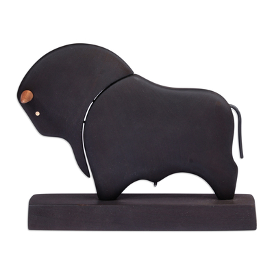 Wood sculpture, 'Night Bull' - Hand-Carved Black Elm Tree Wood Bull Sculpture with Base