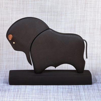 Wood sculpture, 'Night Bull' - Hand-Carved Black Elm Tree Wood Bull Sculpture with Base