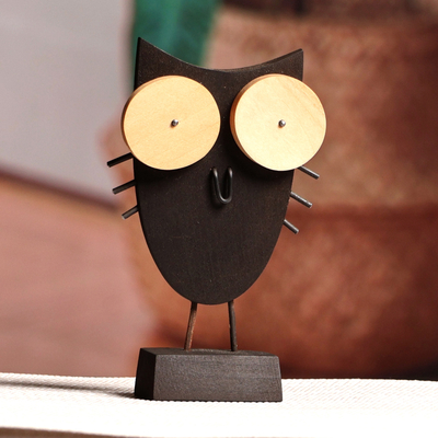 Wood sculpture, 'Big Eyes Owl' - Owl-Themed Tilia Wood and Stainless Steel Sculpture in Black