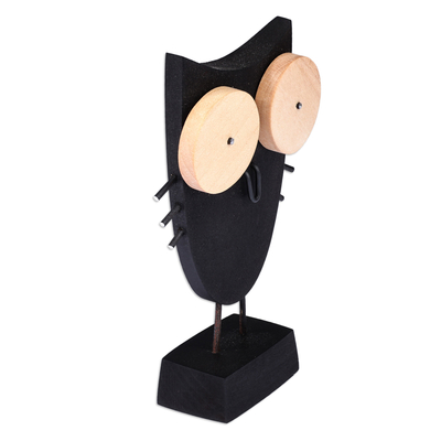 Wood sculpture, 'Big Eyes Owl' - Owl-Themed Tilia Wood and Stainless Steel Sculpture in Black