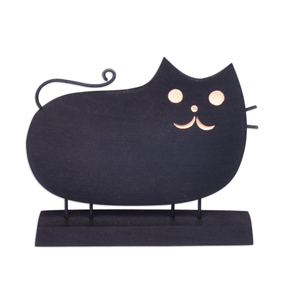 Wood and stainless steel sculpture, 'Midnight Cat' - Hand-Painted Wood Cat Sculpture with Stainless Steel Accents