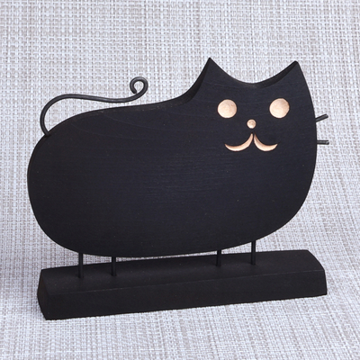 Wood and stainless steel sculpture, 'Midnight Cat' - Hand-Painted Wood Cat Sculpture with Stainless Steel Accents