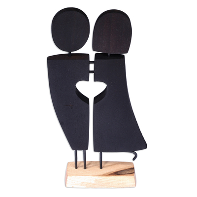 Wood sculpture, 'Heartfelt Reunion' - Romantic Tilia Wood and Stainless Steel Sculpture in Black